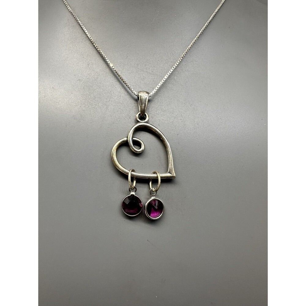 Loving Family 925 Heart Pendant w Purple Bezel Set Rivoli Charms Necklace